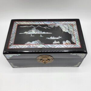 Vintage Black Lacquer Inlay Mother Of Pearl Jewelry Box Red Interior *READ*